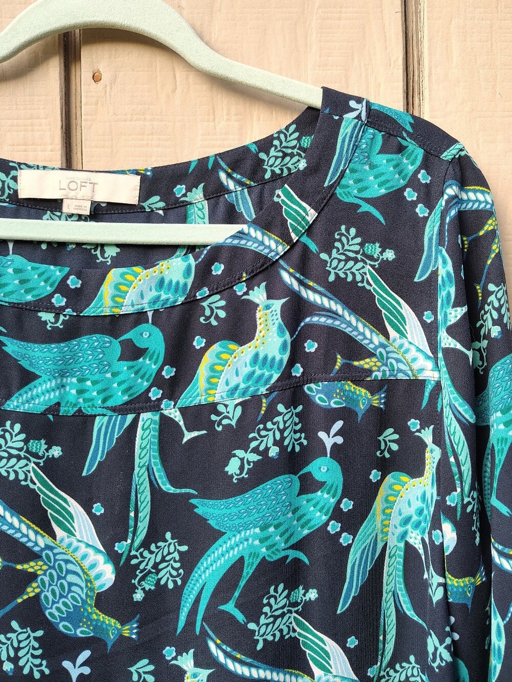LOFT Peacock Top Large Blue Teal Long Sleeve Pleated Lightweight Flowy Relaxed - Picture 2 of 7